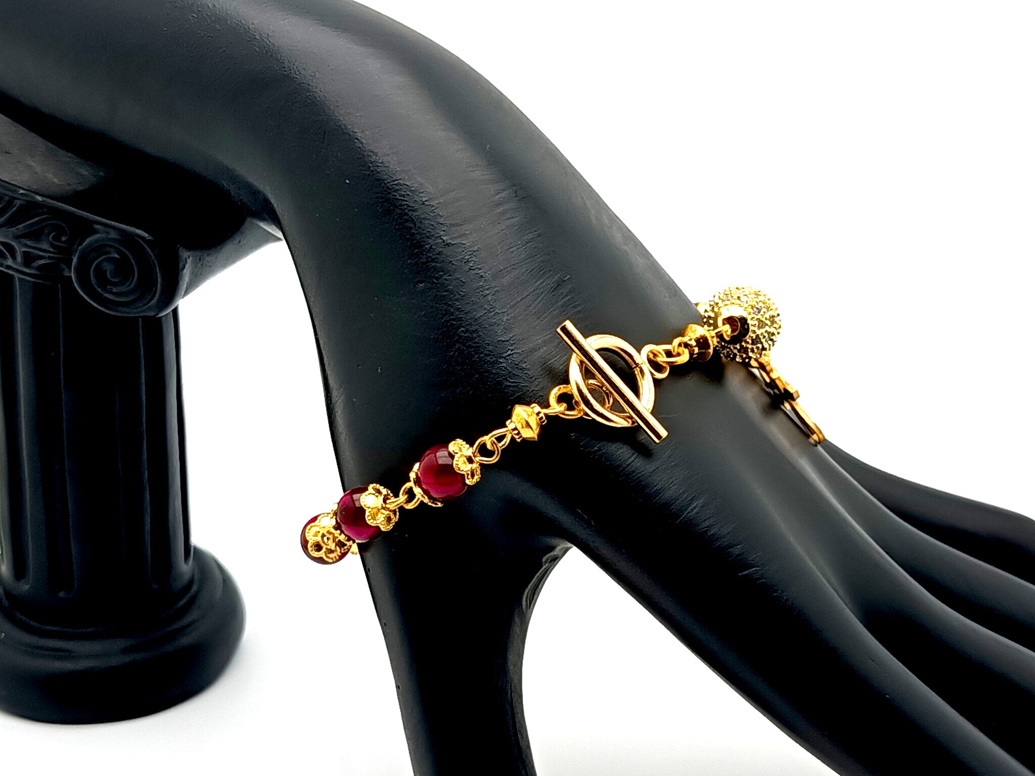 Holy Spirit unique rosary beads pink tigers eye gemstone single decade rosary bracelet with 18K gold plated crystal Our father bead.