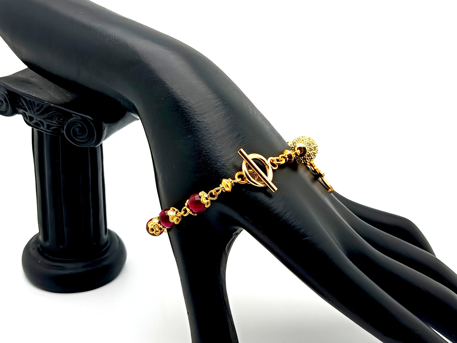 Holy Spirit unique rosary beads pink tigers eye gemstone single decade rosary bracelet with 18K gold plated crystal Our father bead.