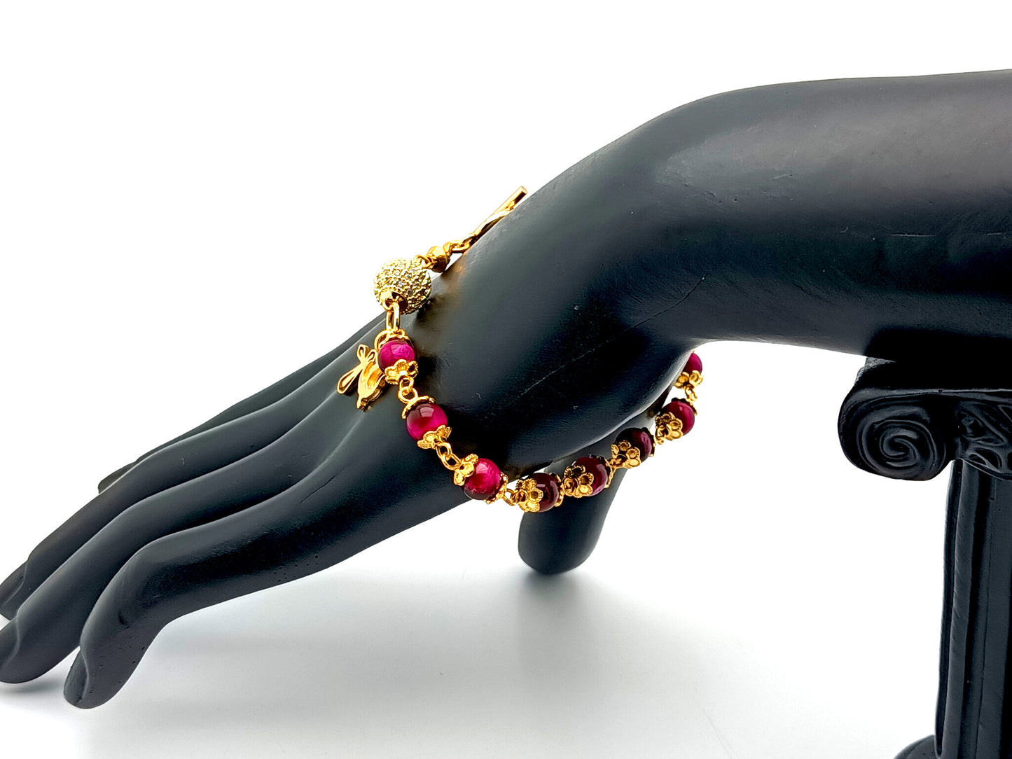 Holy Spirit unique rosary beads pink tigers eye gemstone single decade rosary bracelet with 18K gold plated crystal Our father bead.