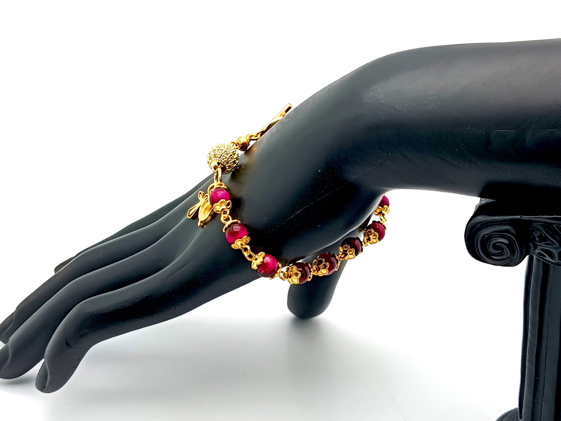 Holy Spirit unique rosary beads pink tigers eye gemstone single decade rosary bracelet with 18K gold plated crystal Our father bead.