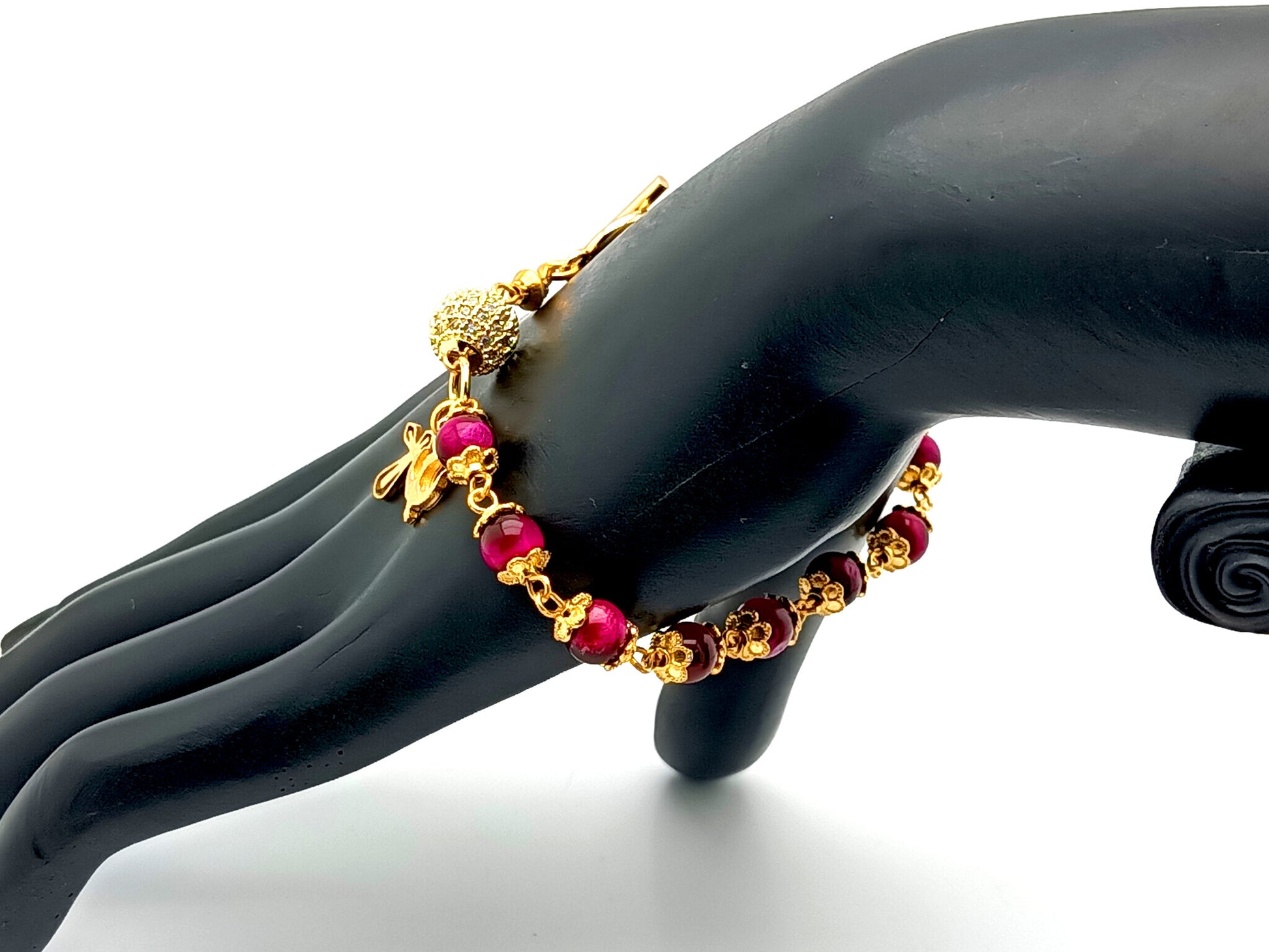 Holy Spirit unique rosary beads pink tigers eye gemstone single decade rosary bracelet with 18K gold plated crystal Our father bead.