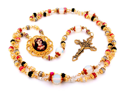 Saint Philomena unique rosary beads glass and gemstone rosary with gold plated stainless steel Holy Spirit crucifix.