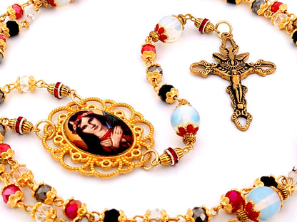 Saint Philomena unique rosary beads glass and gemstone rosary with gold plated stainless steel Holy Spirit crucifix.