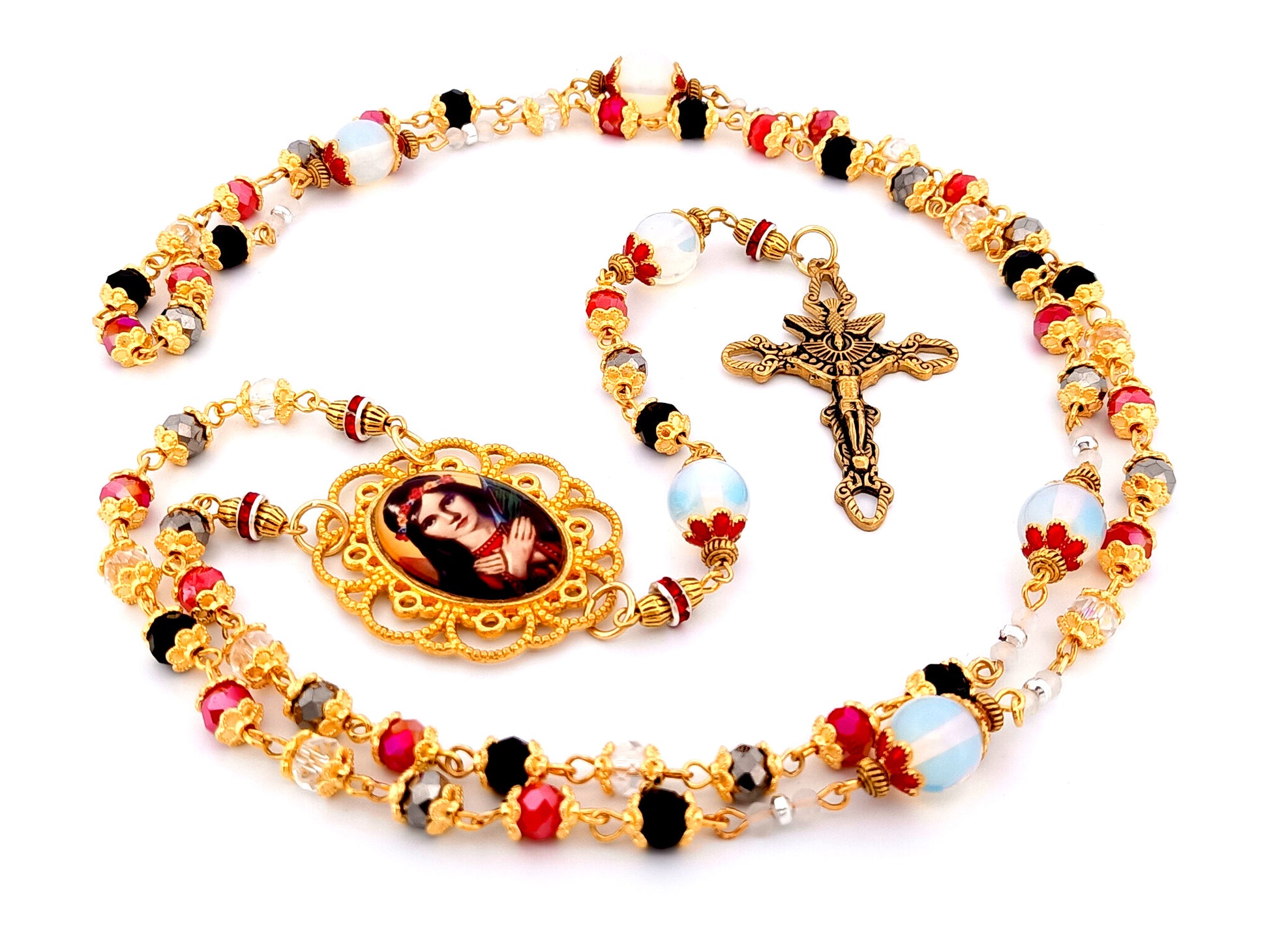 Saint Philomena unique rosary beads glass and gemstone rosary with gold plated stainless steel Holy Spirit crucifix.