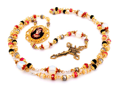 Saint Philomena unique rosary beads glass and gemstone rosary with gold plated stainless steel Holy Spirit crucifix.