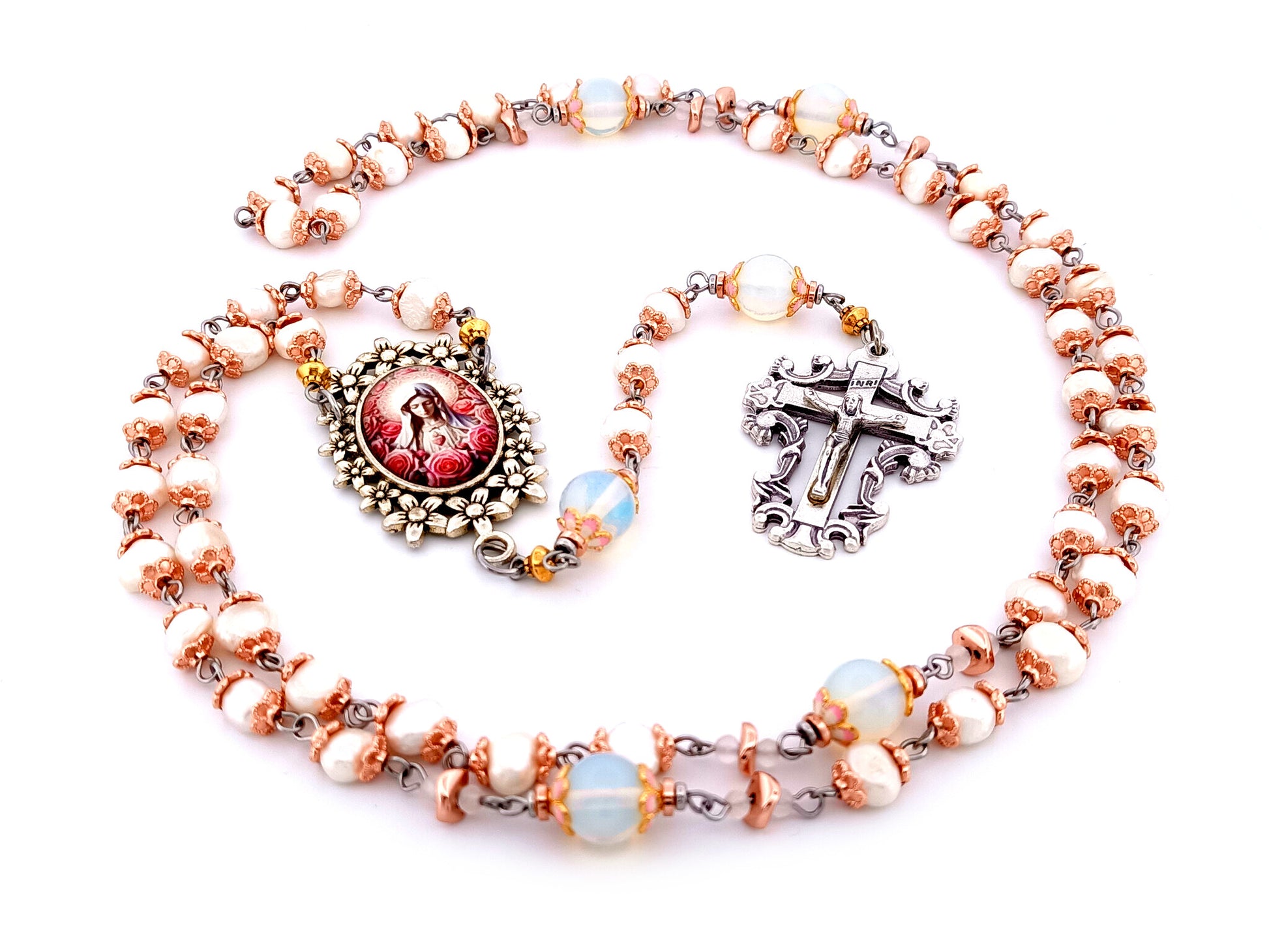 Immaculate Heart of Mary unique rosary beads  freshwater pearl and opal gemstone rosary beads with filigree crucifix.