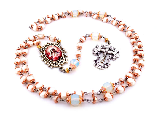 Immaculate Heart of Mary unique rosary beads  freshwater pearl and opal gemstone rosary beads with filigree crucifix.