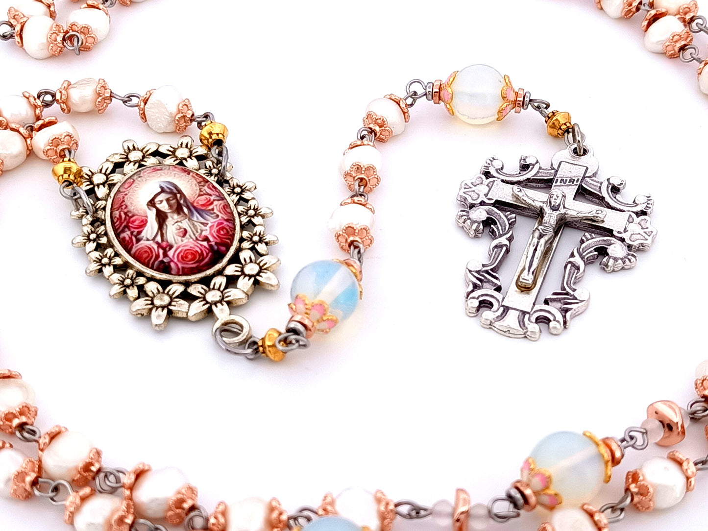Immaculate Heart of Mary unique rosary beads  freshwater pearl and opal gemstone rosary beads with filigree crucifix.