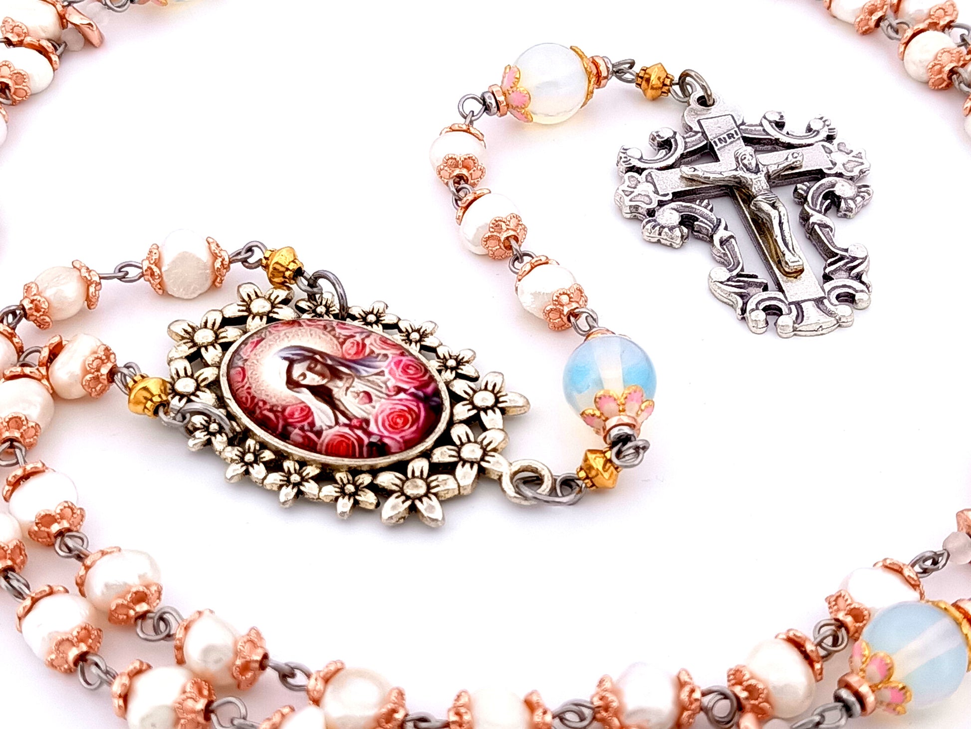 Immaculate Heart of Mary unique rosary beads  freshwater pearl and opal gemstone rosary beads with filigree crucifix.