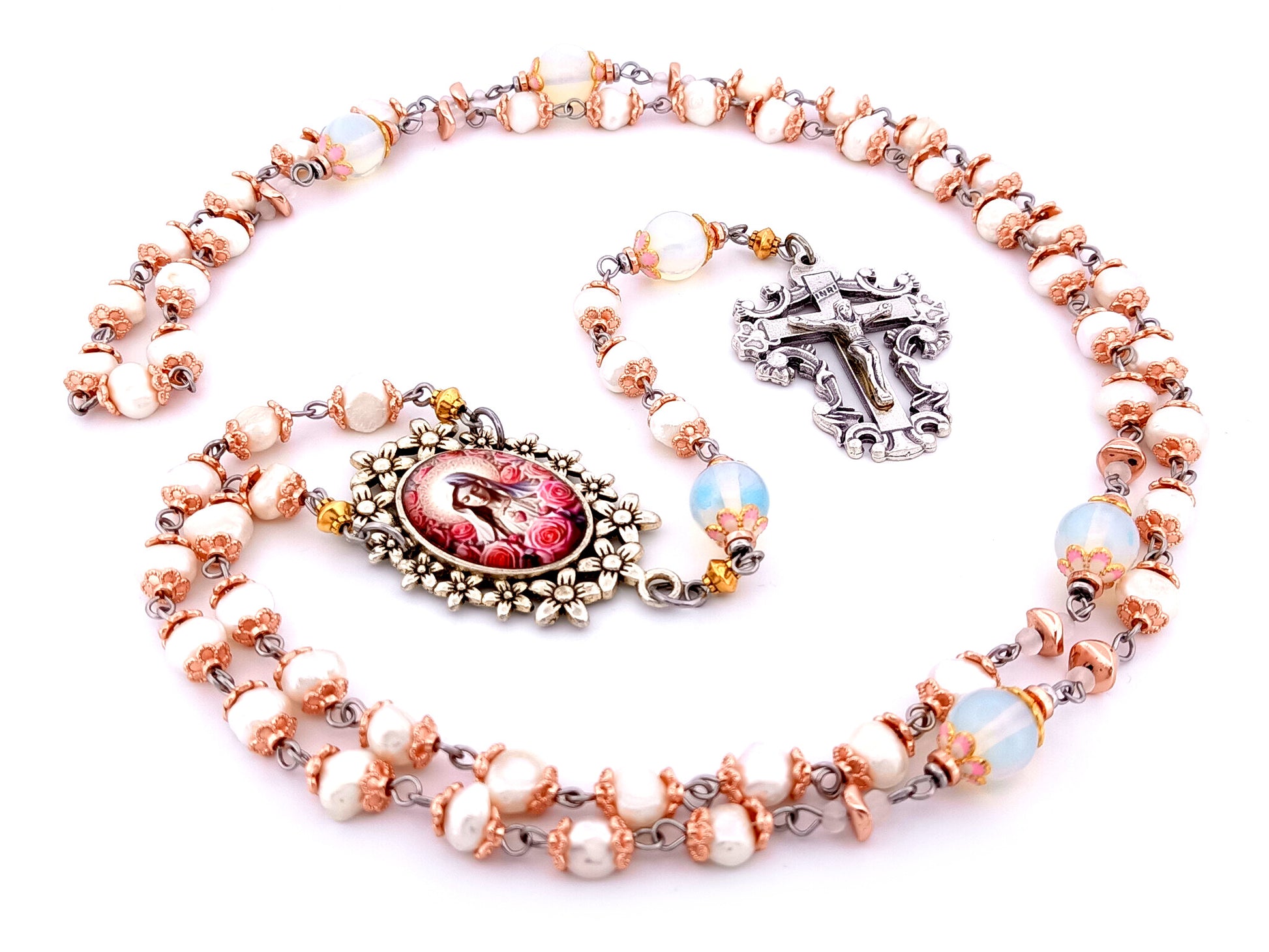 Immaculate Heart of Mary unique rosary beads  freshwater pearl and opal gemstone rosary beads with filigree crucifix.