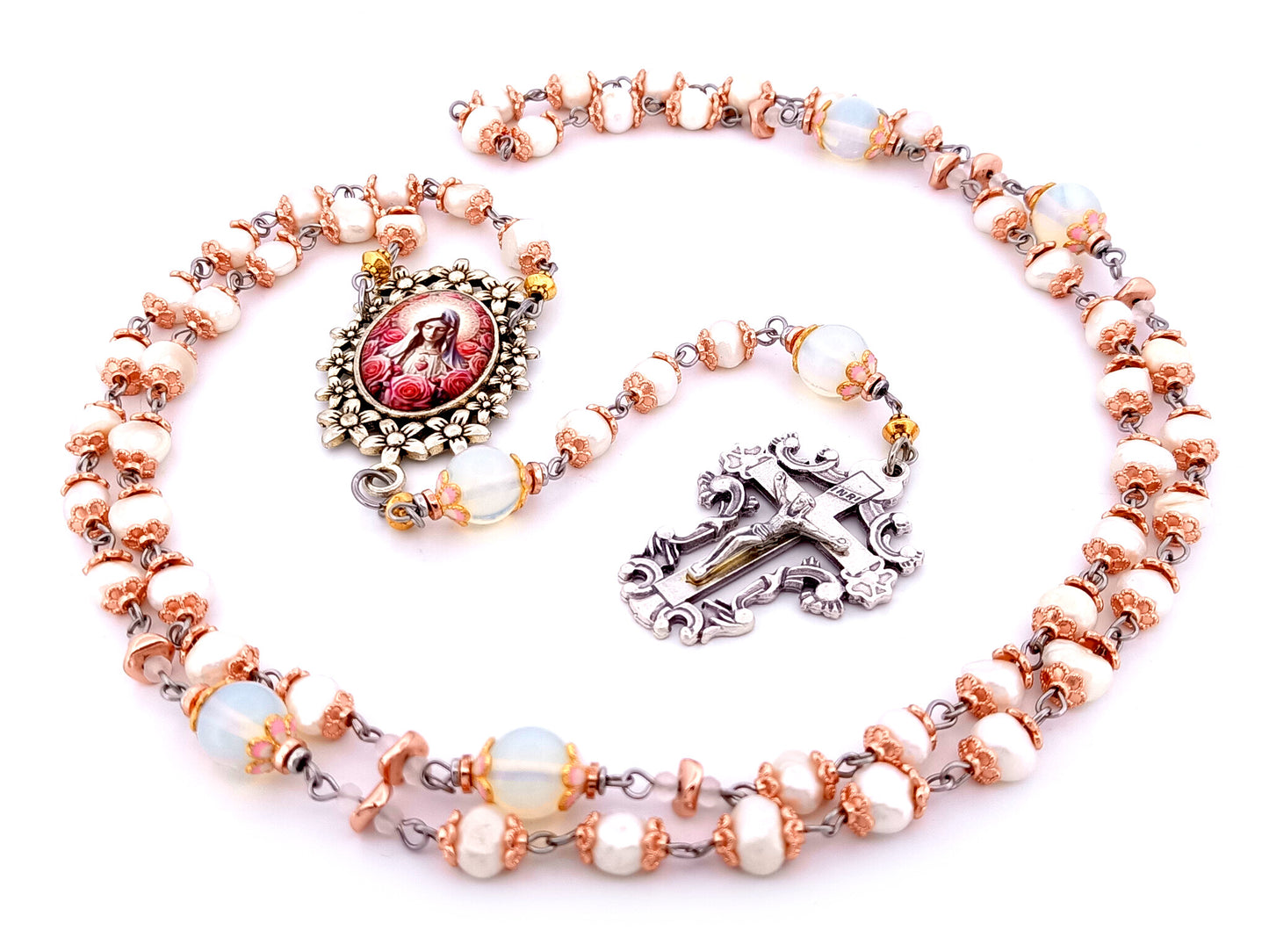 Immaculate Heart of Mary unique rosary beads  freshwater pearl and opal gemstone rosary beads with filigree crucifix.