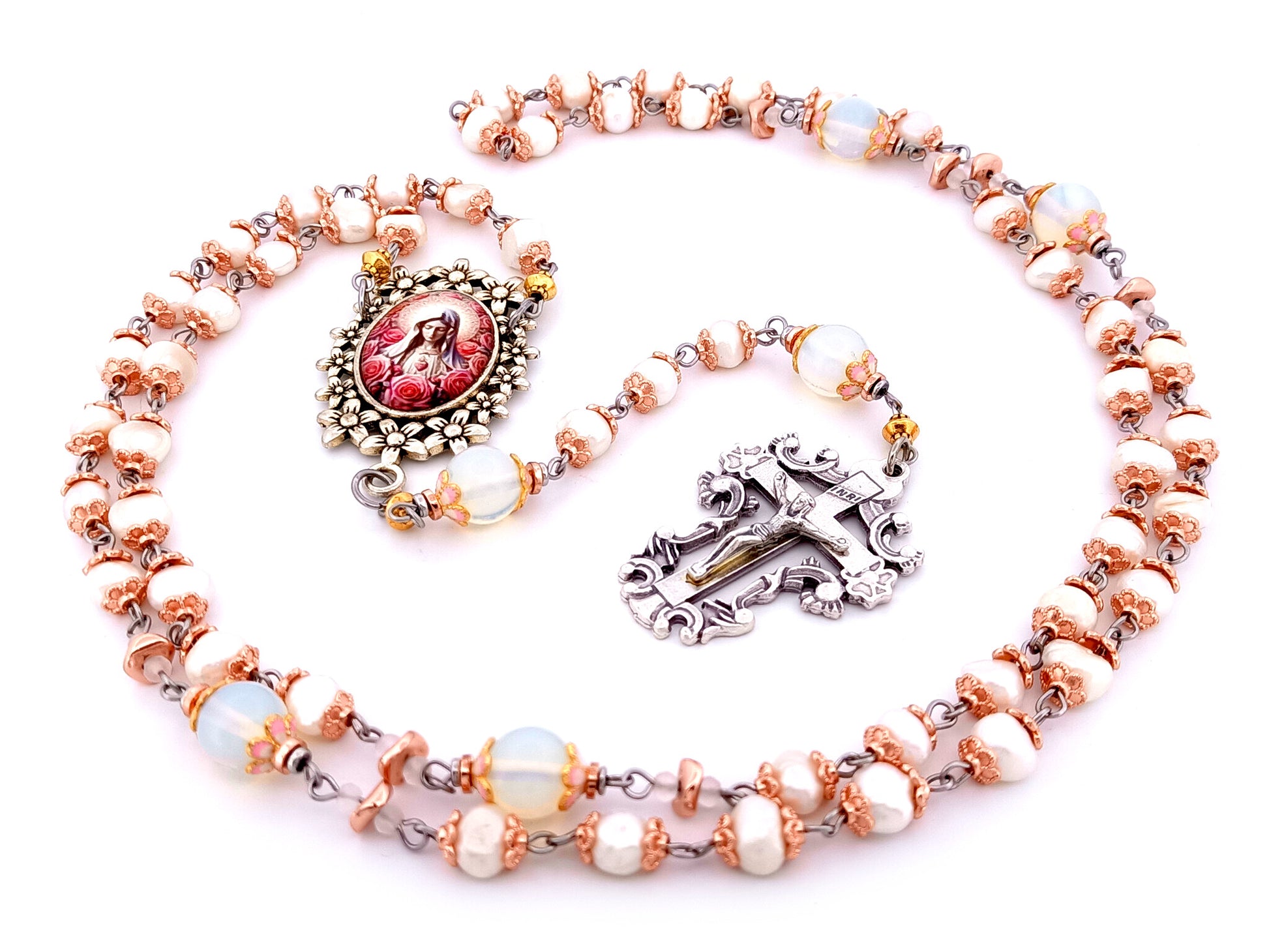 Immaculate Heart of Mary unique rosary beads  freshwater pearl and opal gemstone rosary beads with filigree crucifix.