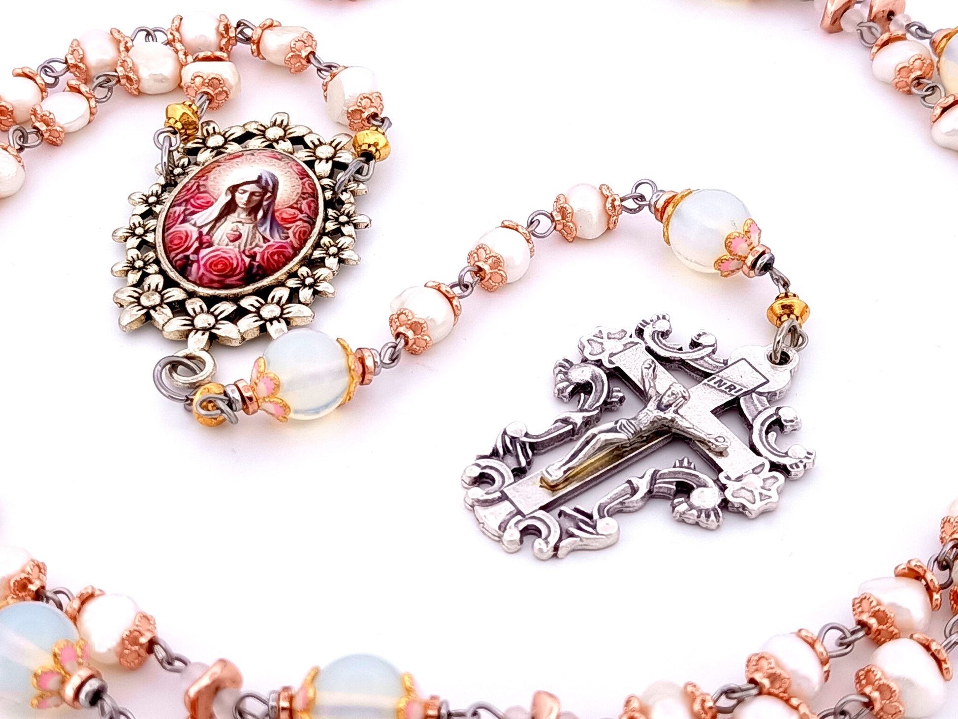 Immaculate Heart of Mary unique rosary beads  freshwater pearl and opal gemstone rosary beads with filigree crucifix.