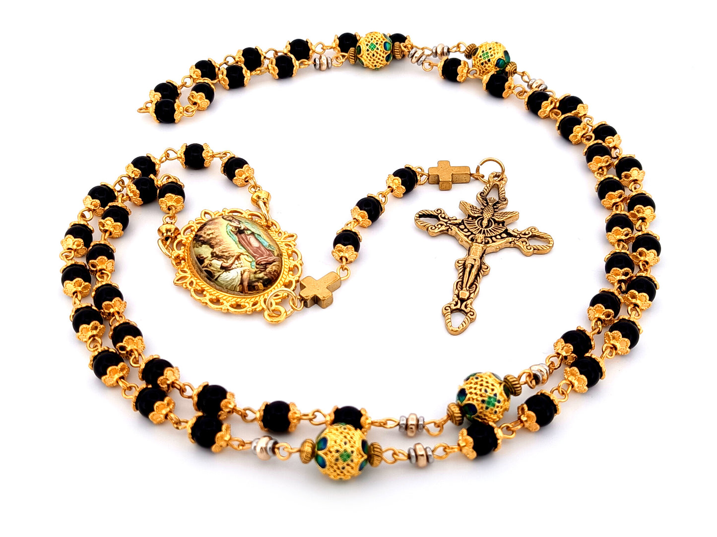 Our Lady of Guadalupe and Saint Juan Diego unique rosary beads onyx gemstone rosary beads with Holy Spirit crucifix.