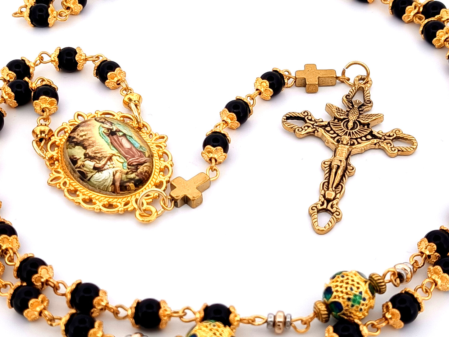 Our Lady of Guadalupe and Saint Juan Diego unique rosary beads onyx gemstone rosary beads with Holy Spirit crucifix.