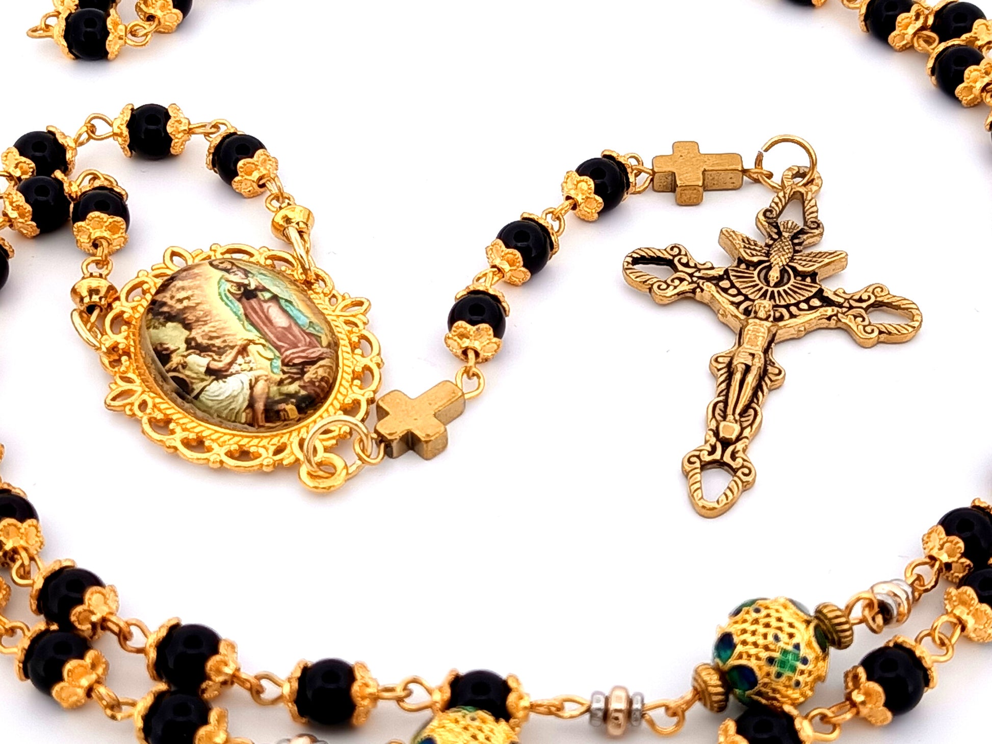 Our Lady of Guadalupe and Saint Juan Diego unique rosary beads onyx gemstone rosary beads with Holy Spirit crucifix.