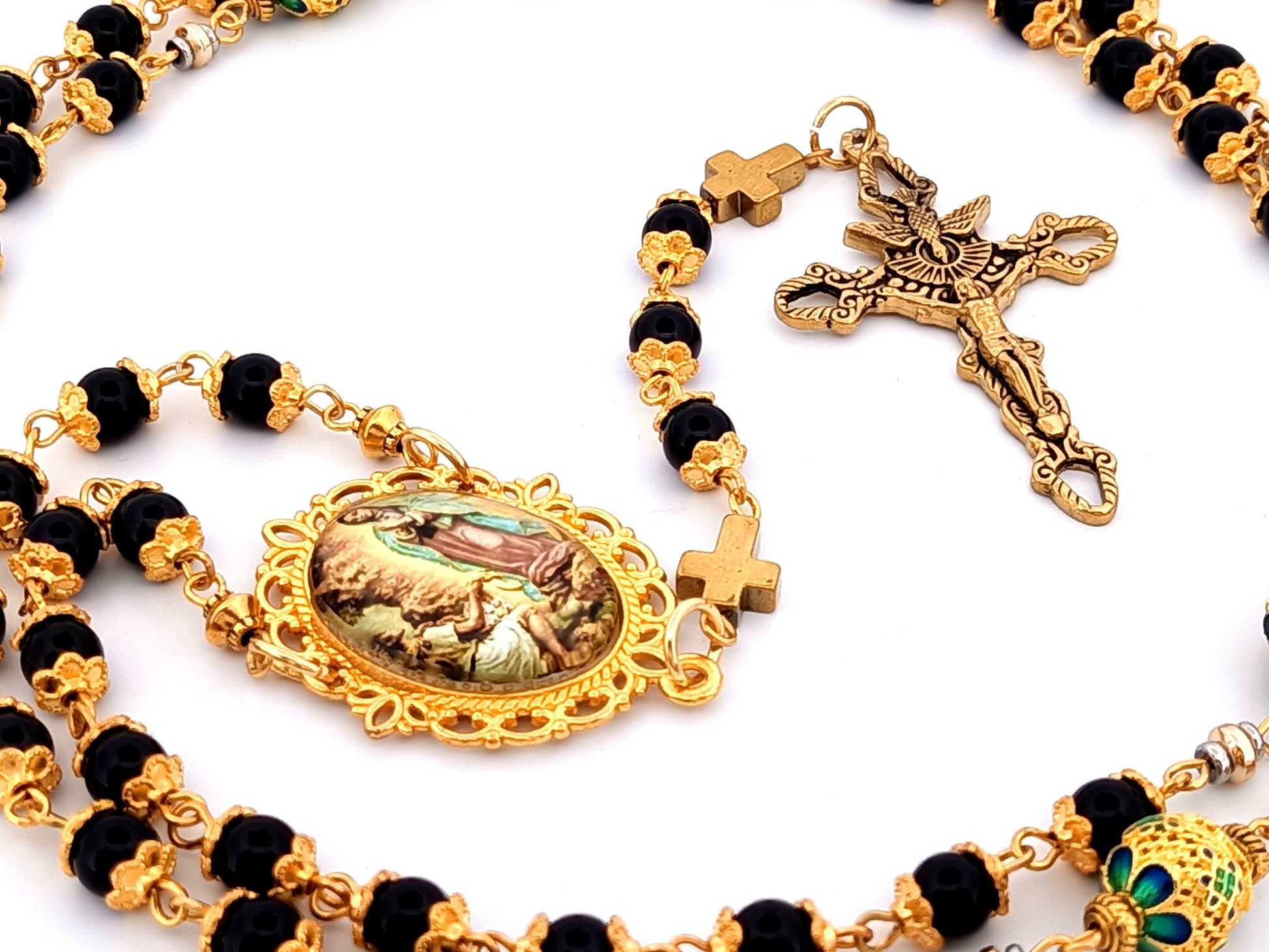Our Lady of Guadalupe and Saint Juan Diego unique rosary beads onyx gemstone rosary beads with Holy Spirit crucifix.