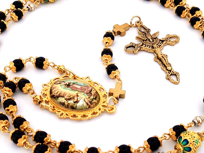 Our Lady of Guadalupe and Saint Juan Diego unique rosary beads onyx gemstone rosary beads with Holy Spirit crucifix.