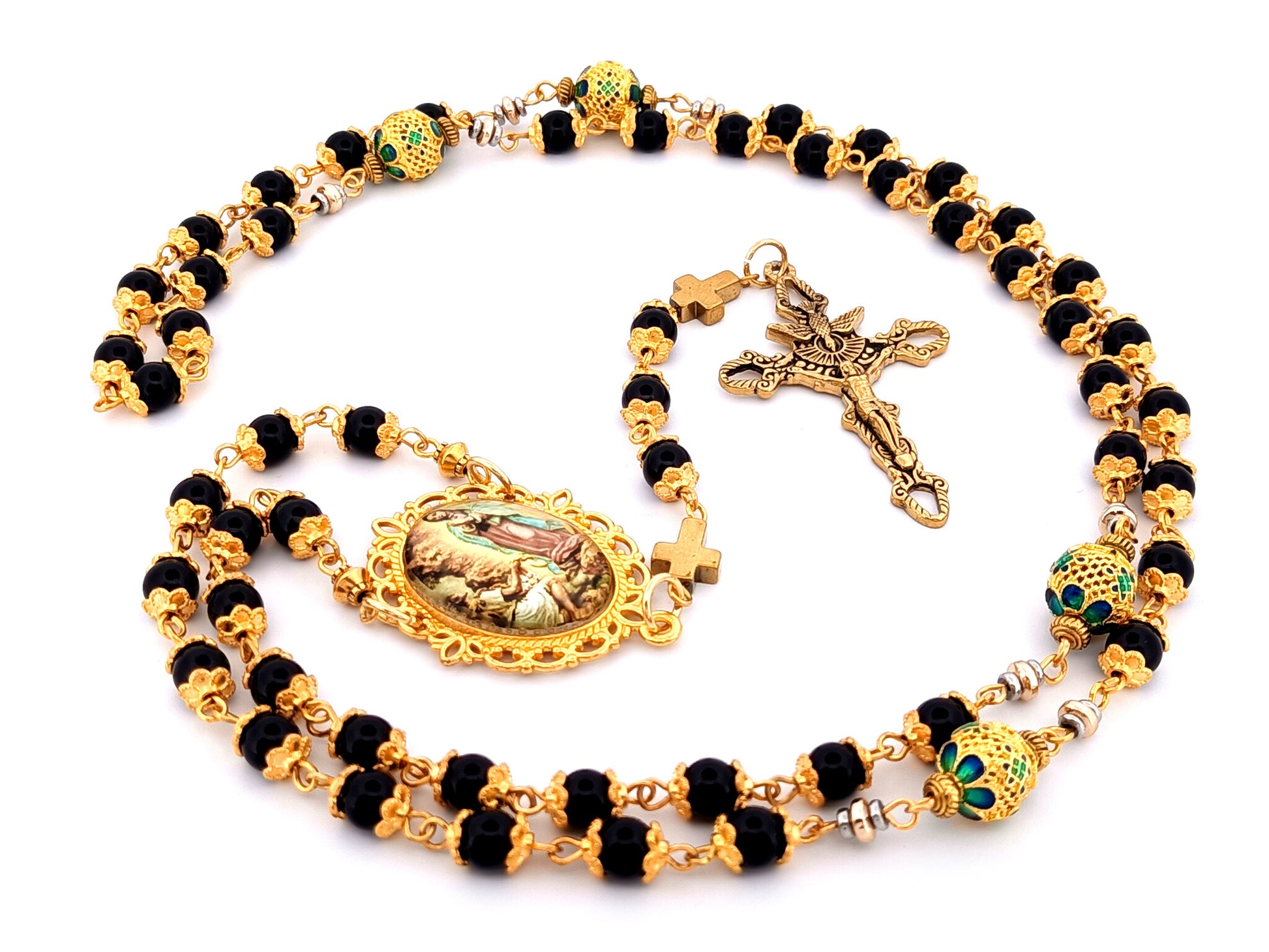 Our Lady of Guadalupe and Saint Juan Diego unique rosary beads onyx gemstone rosary beads with Holy Spirit crucifix.