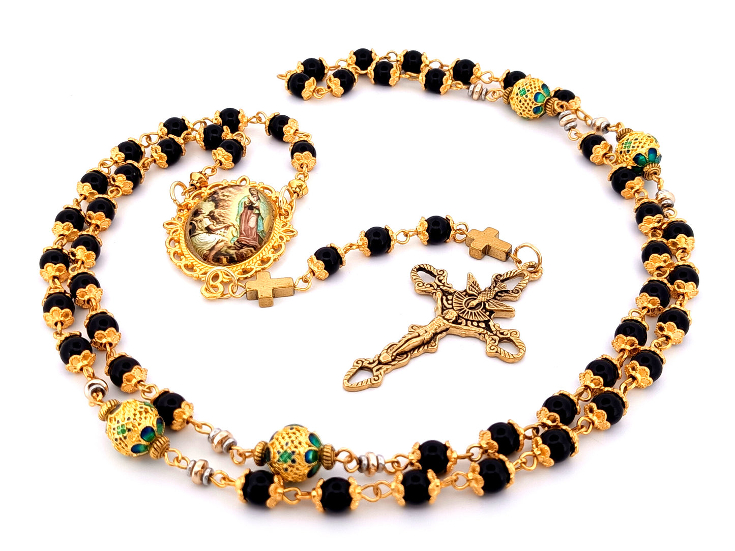 Our Lady of Guadalupe and Saint Juan Diego unique rosary beads onyx gemstone rosary beads with Holy Spirit crucifix.