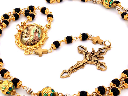 Our Lady of Guadalupe and Saint Juan Diego unique rosary beads onyx gemstone rosary beads with Holy Spirit crucifix.