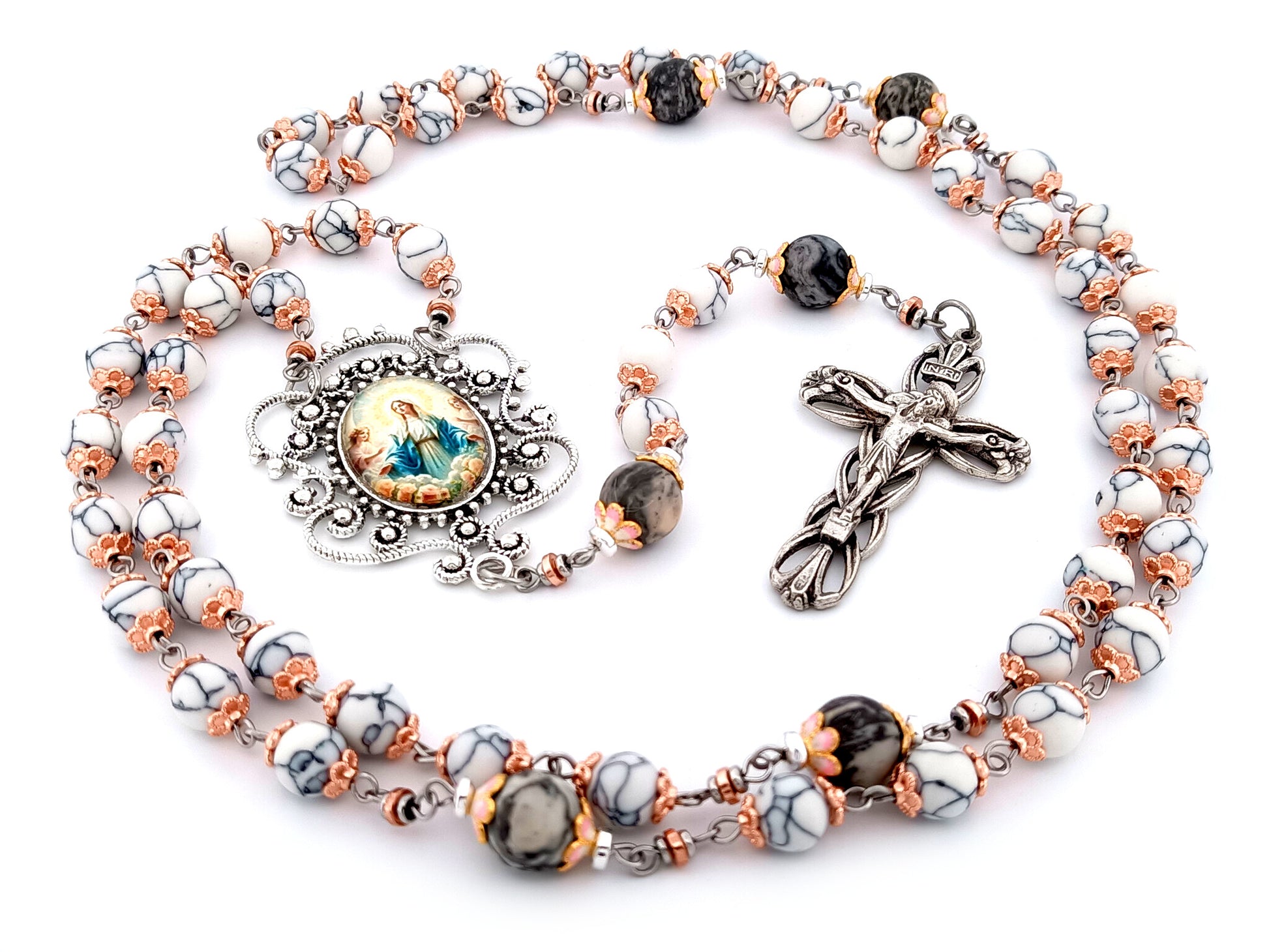 Our Lady Queen of Angels unique rosary beads howlite and larvikite gemstone rosary beads with lily crucifix