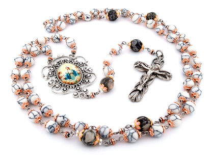 Our Lady Queen of Angels unique rosary beads howlite and larvikite gemstone rosary beads with lily crucifix