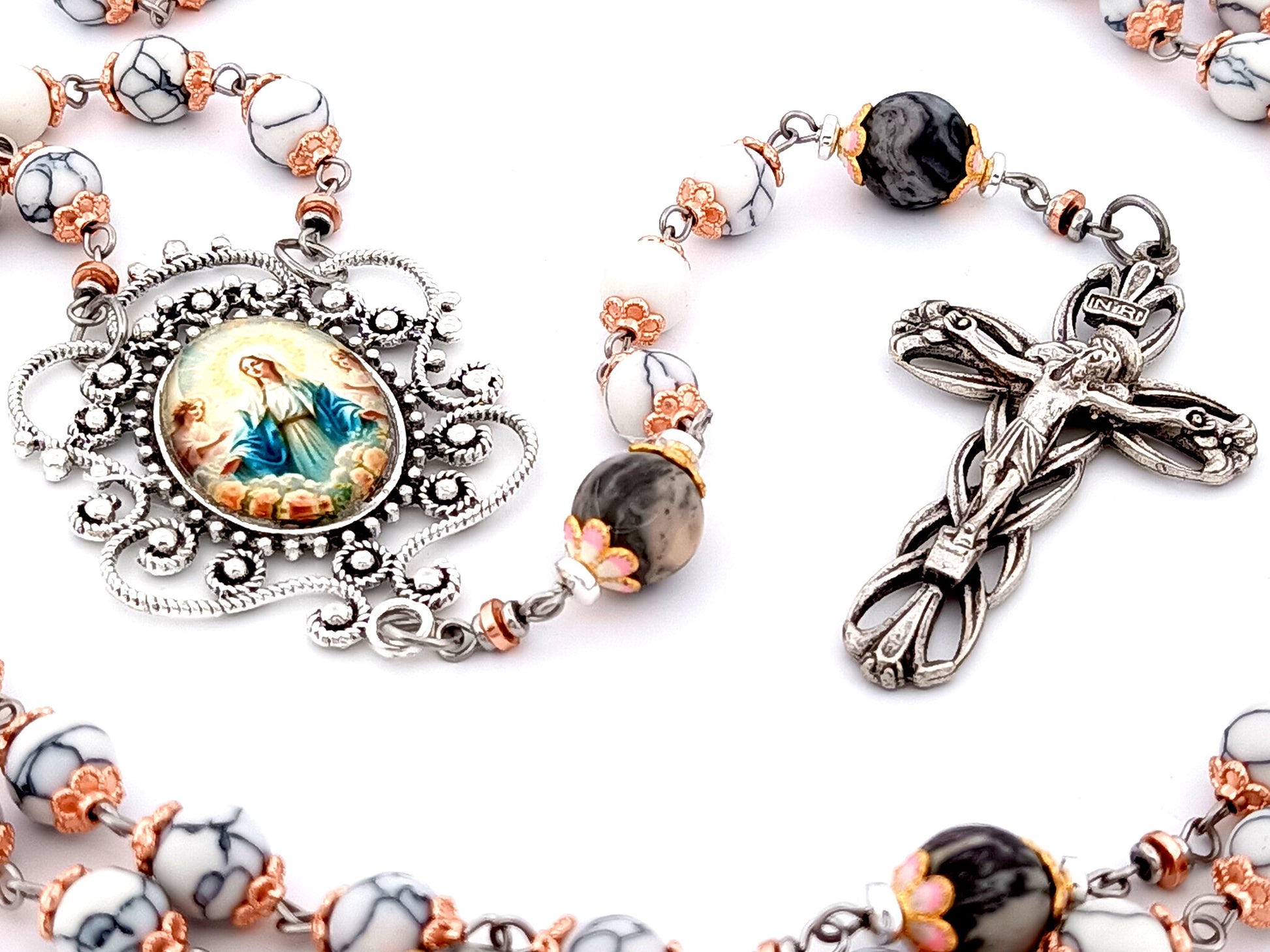 Our Lady Queen of Angels unique rosary beads howlite and larvikite gemstone rosary beads with lily crucifix