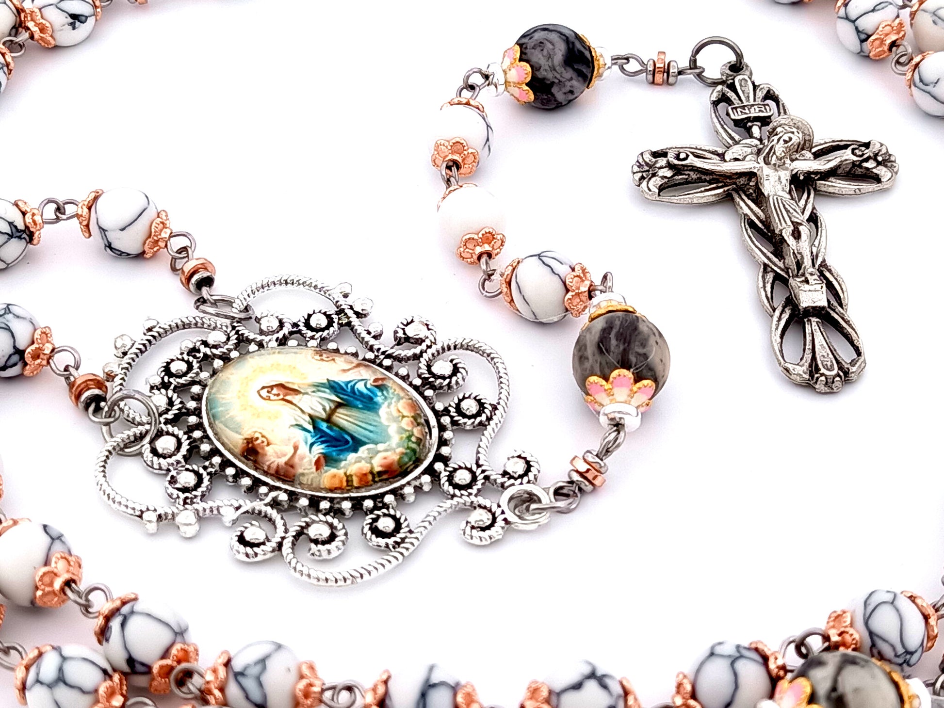 Our Lady Queen of Angels unique rosary beads howlite and larvikite gemstone rosary beads with lily crucifix