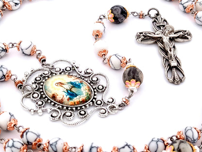 Our Lady Queen of Angels unique rosary beads howlite and larvikite gemstone rosary beads with lily crucifix