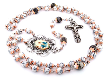 Our Lady Queen of Angels unique rosary beads howlite and larvikite gemstone rosary beads with lily crucifix