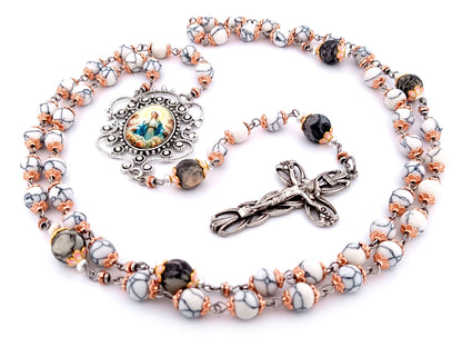 Our Lady Queen of Angels unique rosary beads howlite and larvikite gemstone rosary beads with lily crucifix
