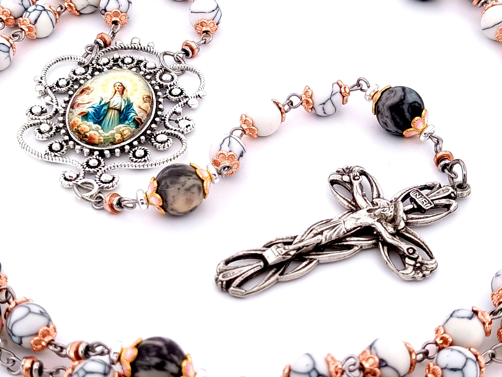 Our Lady Queen of Angels unique rosary beads howlite and larvikite gemstone rosary beads with lily crucifix