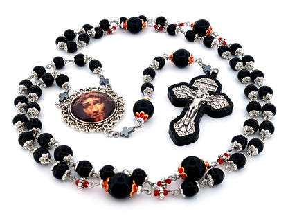 Holy Face of Jesus unique rosary beads onyx gemstone rosary with Pardon crucifix inlaid in ebony wood.