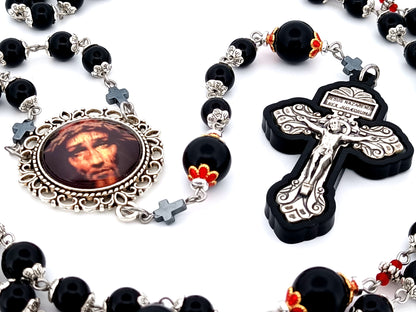 Holy Face of Jesus unique rosary beads onyx gemstone rosary with Pardon crucifix inlaid in ebony wood.