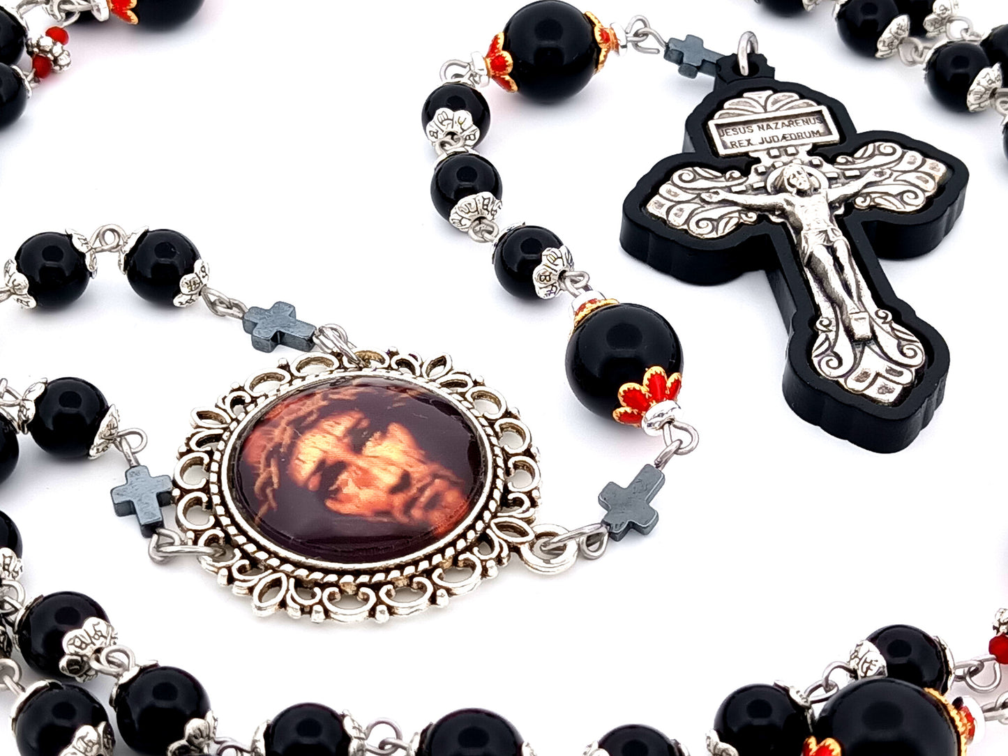 Holy Face of Jesus unique rosary beads onyx gemstone rosary with Pardon crucifix inlaid in ebony wood.