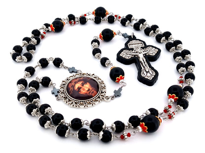 Holy Face of Jesus unique rosary beads onyx gemstone rosary with Pardon crucifix inlaid in ebony wood.