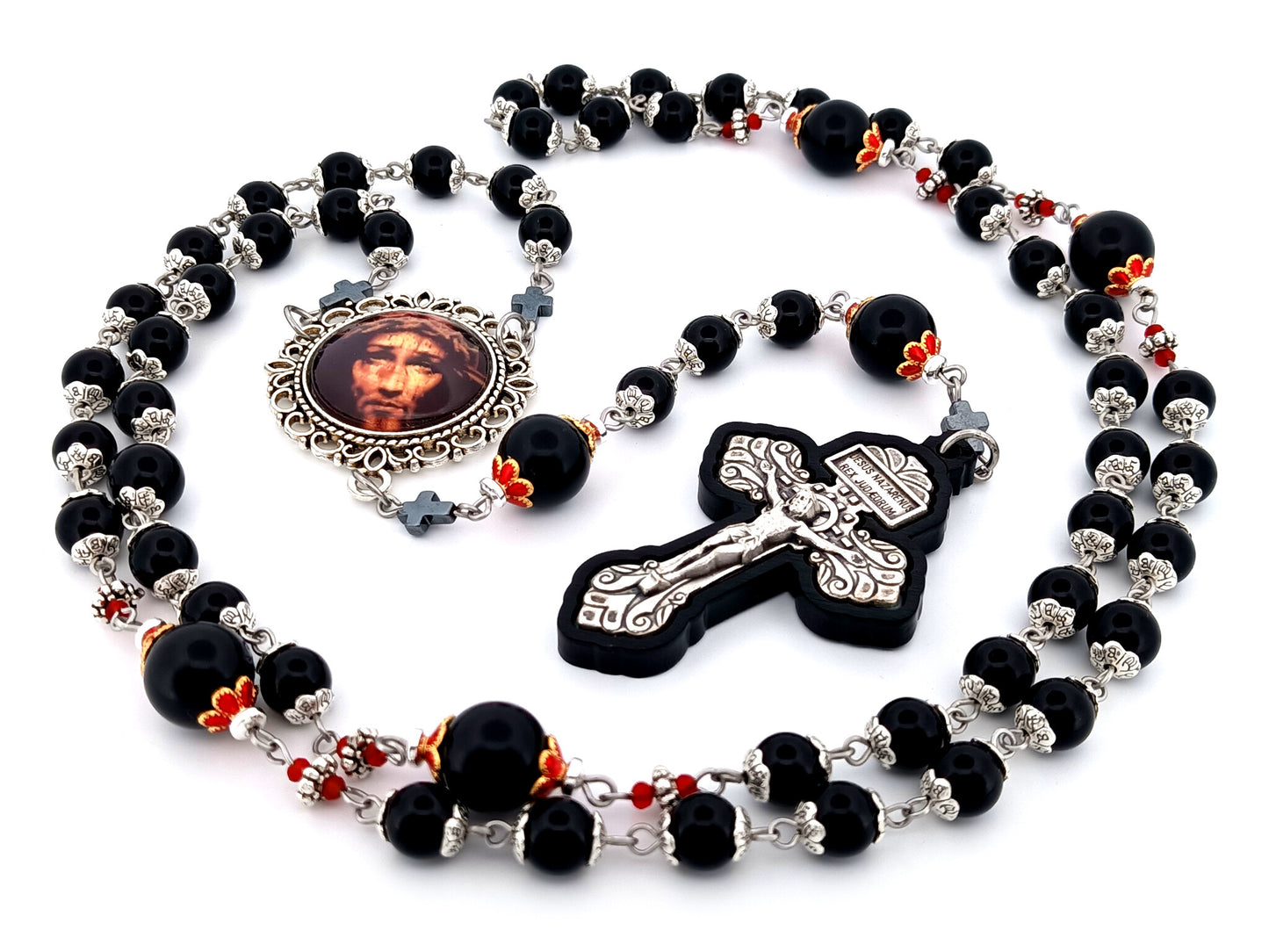Holy Face of Jesus unique rosary beads onyx gemstone rosary with Pardon crucifix inlaid in ebony wood.