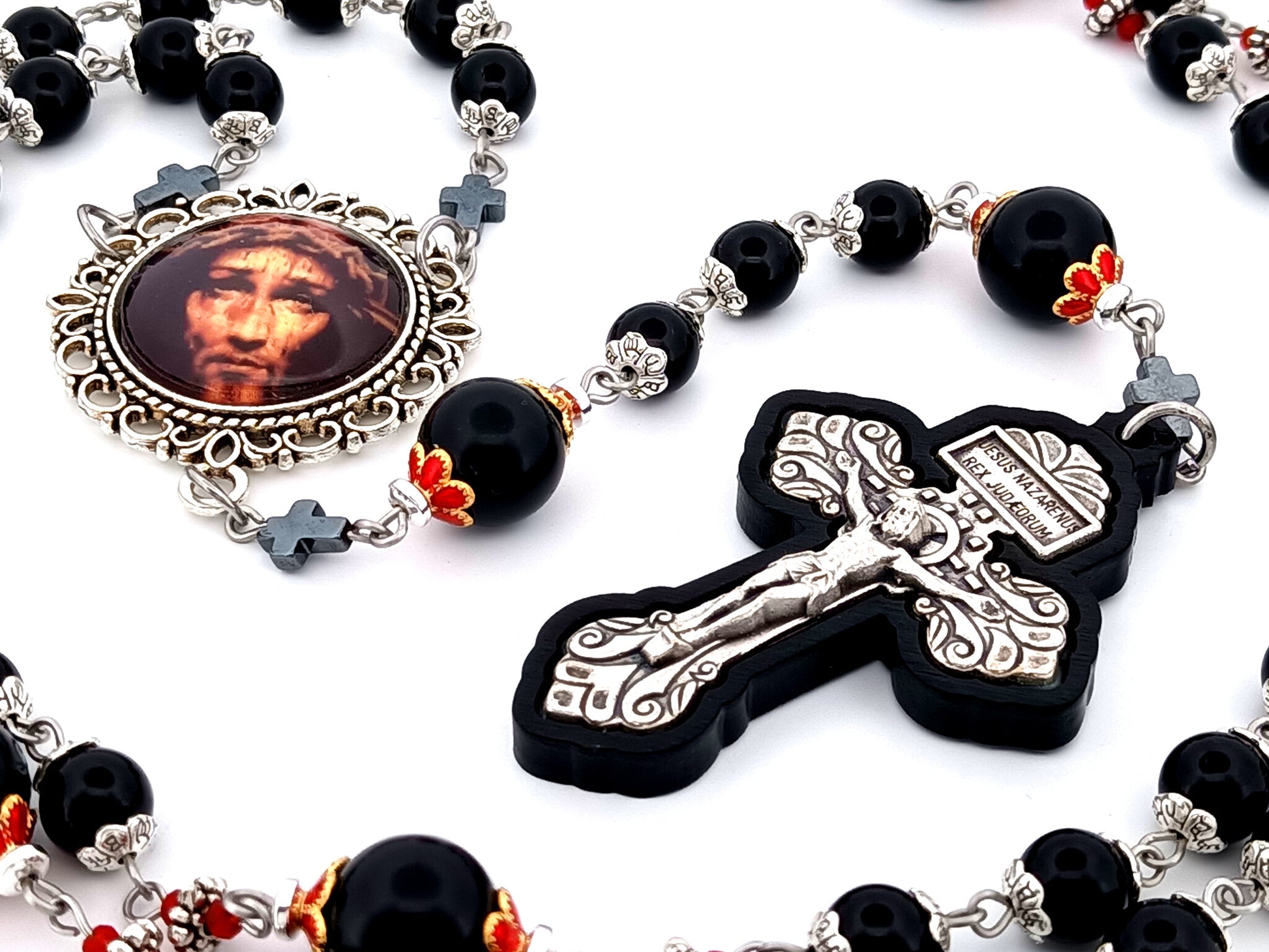 Holy Face of Jesus unique rosary beads onyx gemstone rosary with Pardon crucifix inlaid in ebony wood.