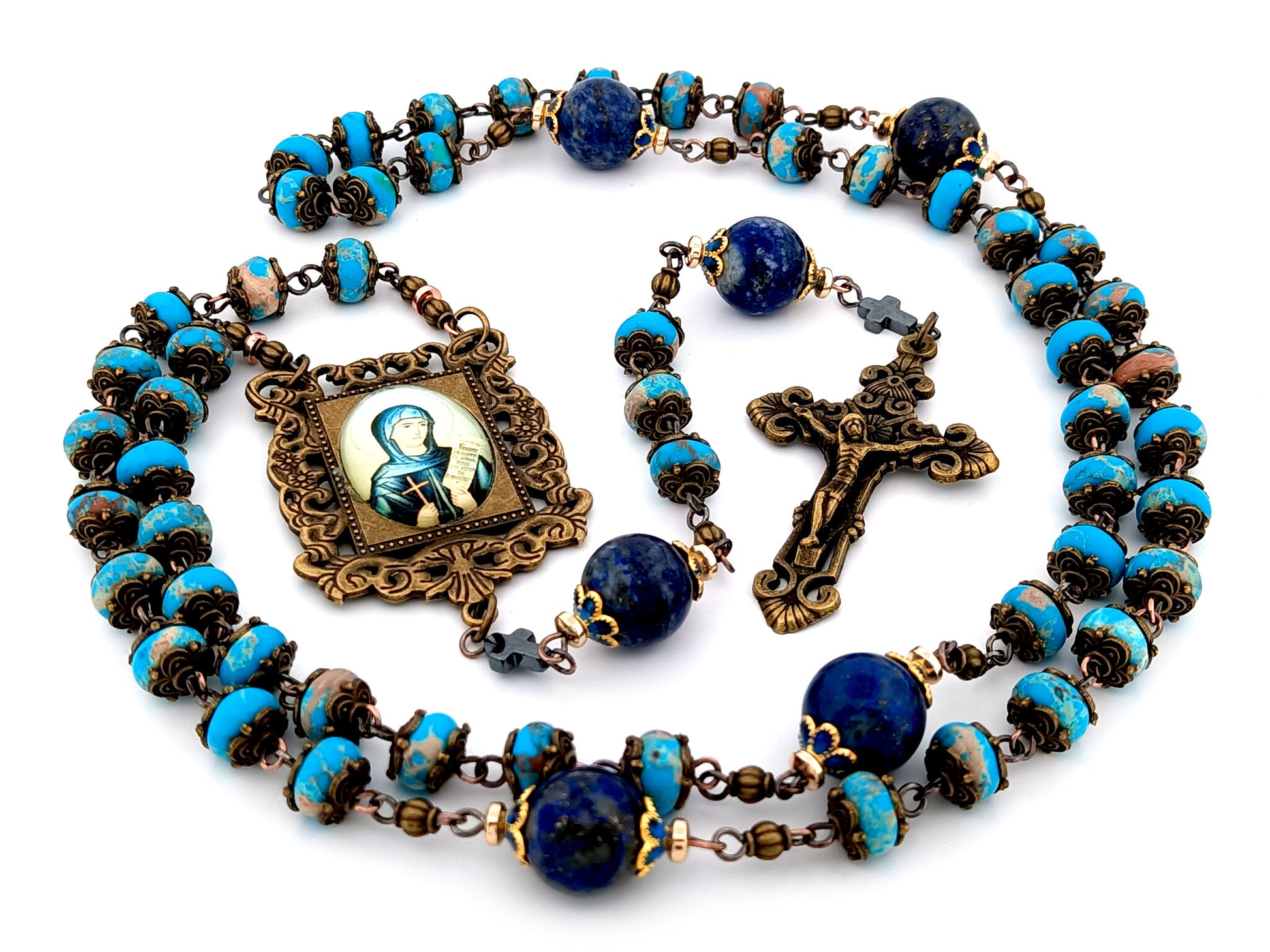 Saint Monica unique rosary beads blue jasper and lapis lazuli gemstone rosary beads with bronze filigree crucifix.
