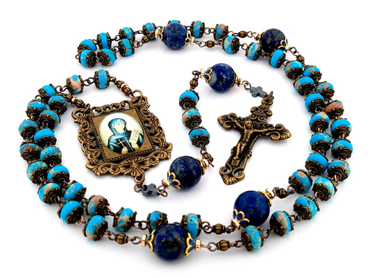 Saint Monica unique rosary beads blue jasper and lapis lazuli gemstone rosary beads with bronze filigree crucifix.