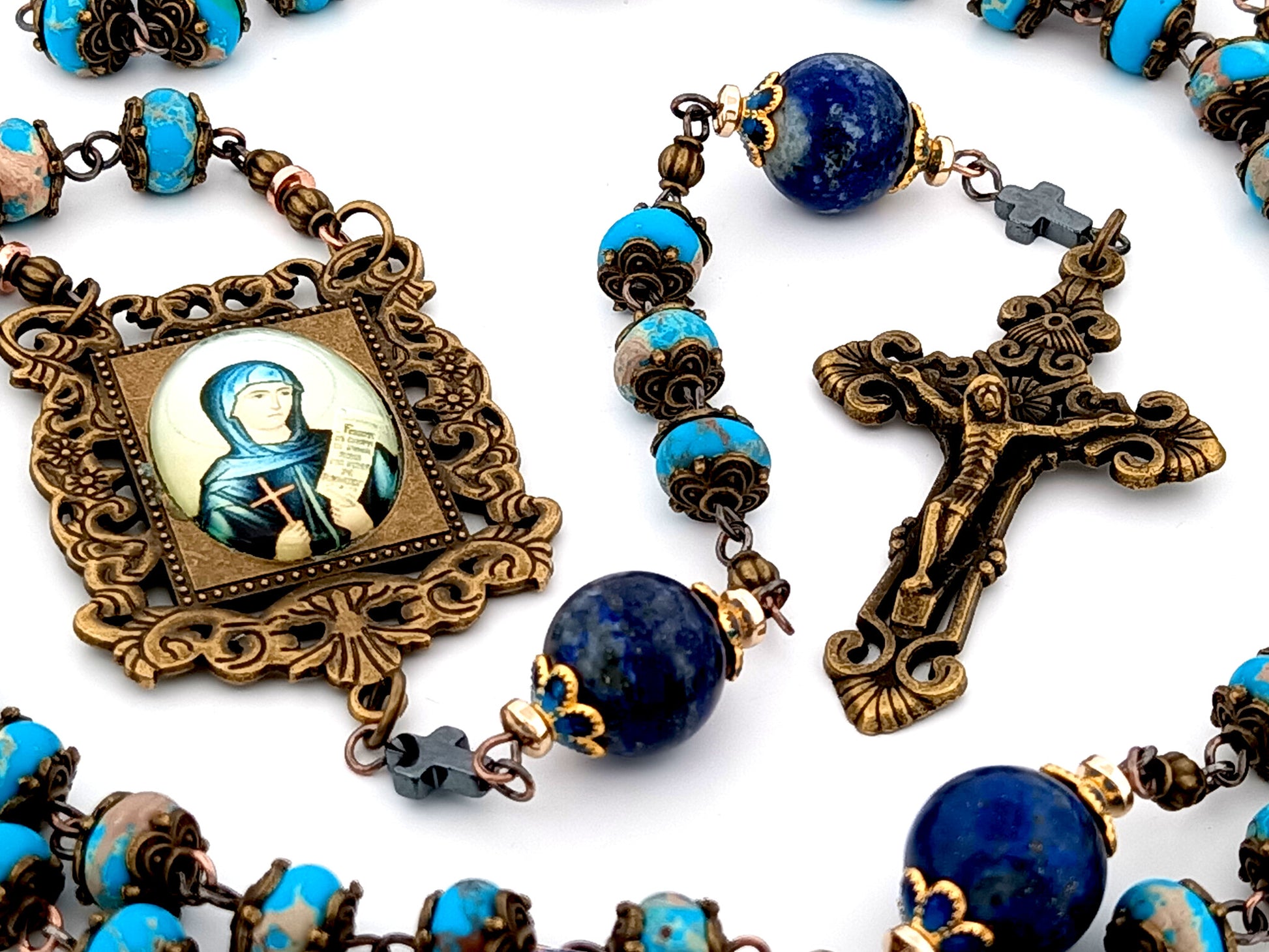 Saint Monica unique rosary beads blue jasper and lapis lazuli gemstone rosary beads with bronze filigree crucifix.