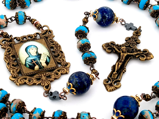 Saint Monica unique rosary beads blue jasper and lapis lazuli gemstone rosary beads with bronze filigree crucifix.
