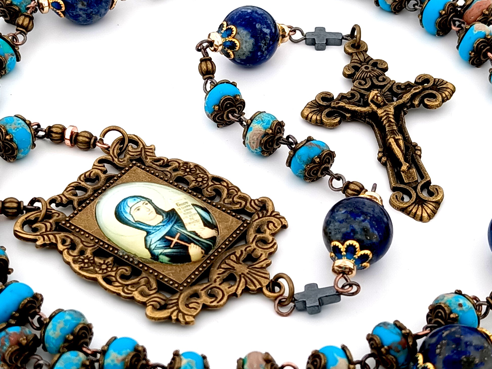 Saint Monica unique rosary beads blue jasper and lapis lazuli gemstone rosary beads with bronze filigree crucifix.