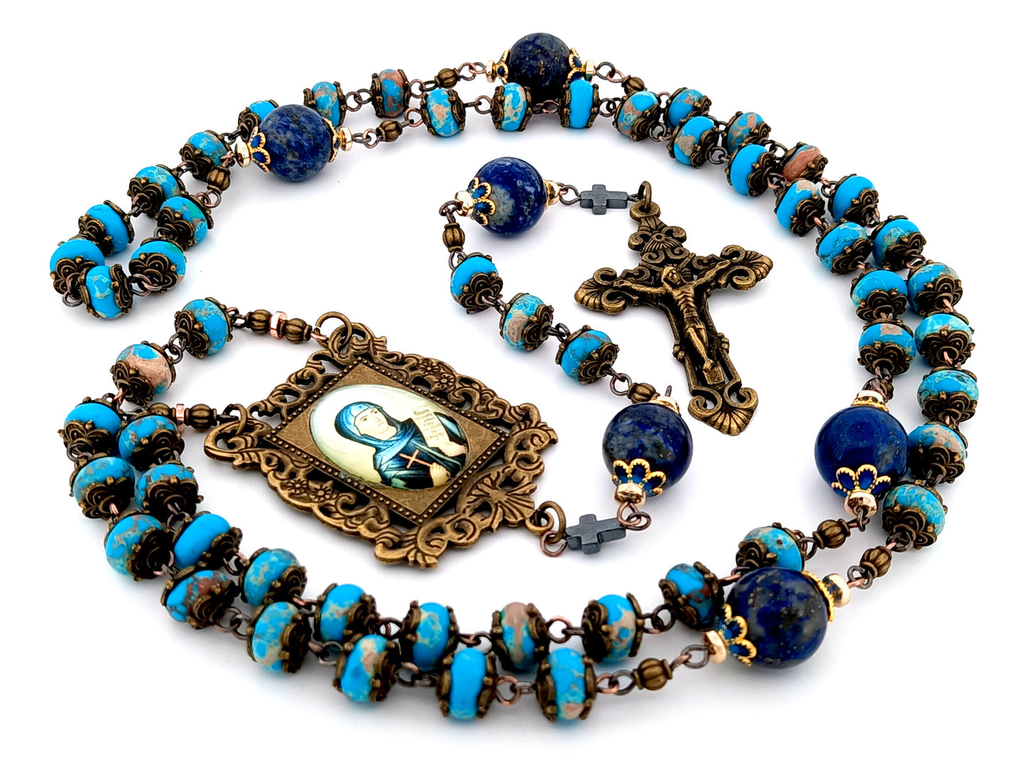 Saint Monica unique rosary beads blue jasper and lapis lazuli gemstone rosary beads with bronze filigree crucifix.