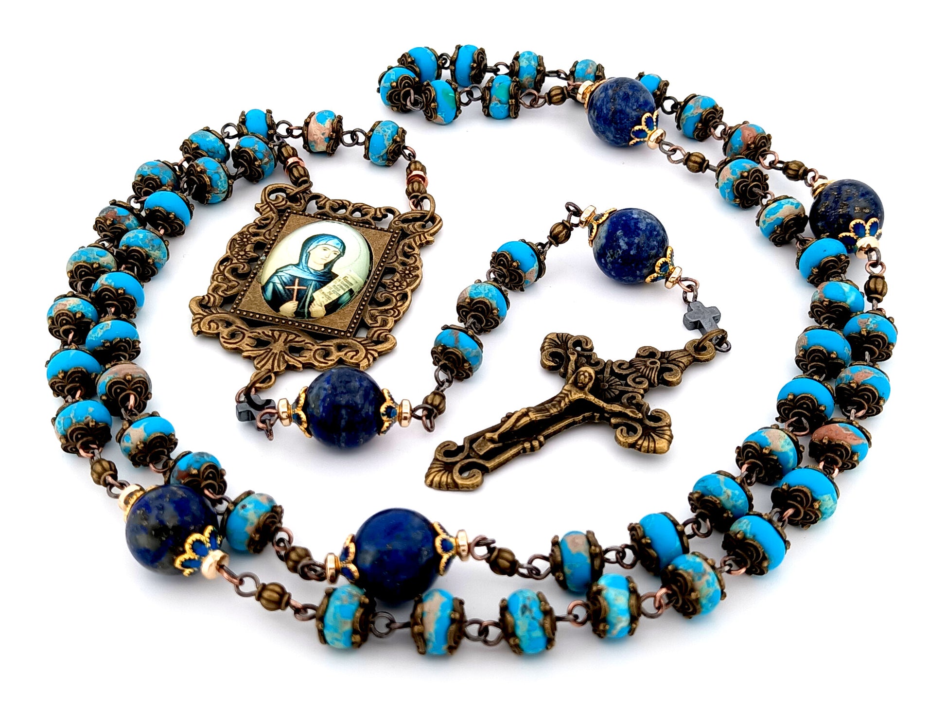 Saint Monica unique rosary beads blue jasper and lapis lazuli gemstone rosary beads with bronze filigree crucifix.