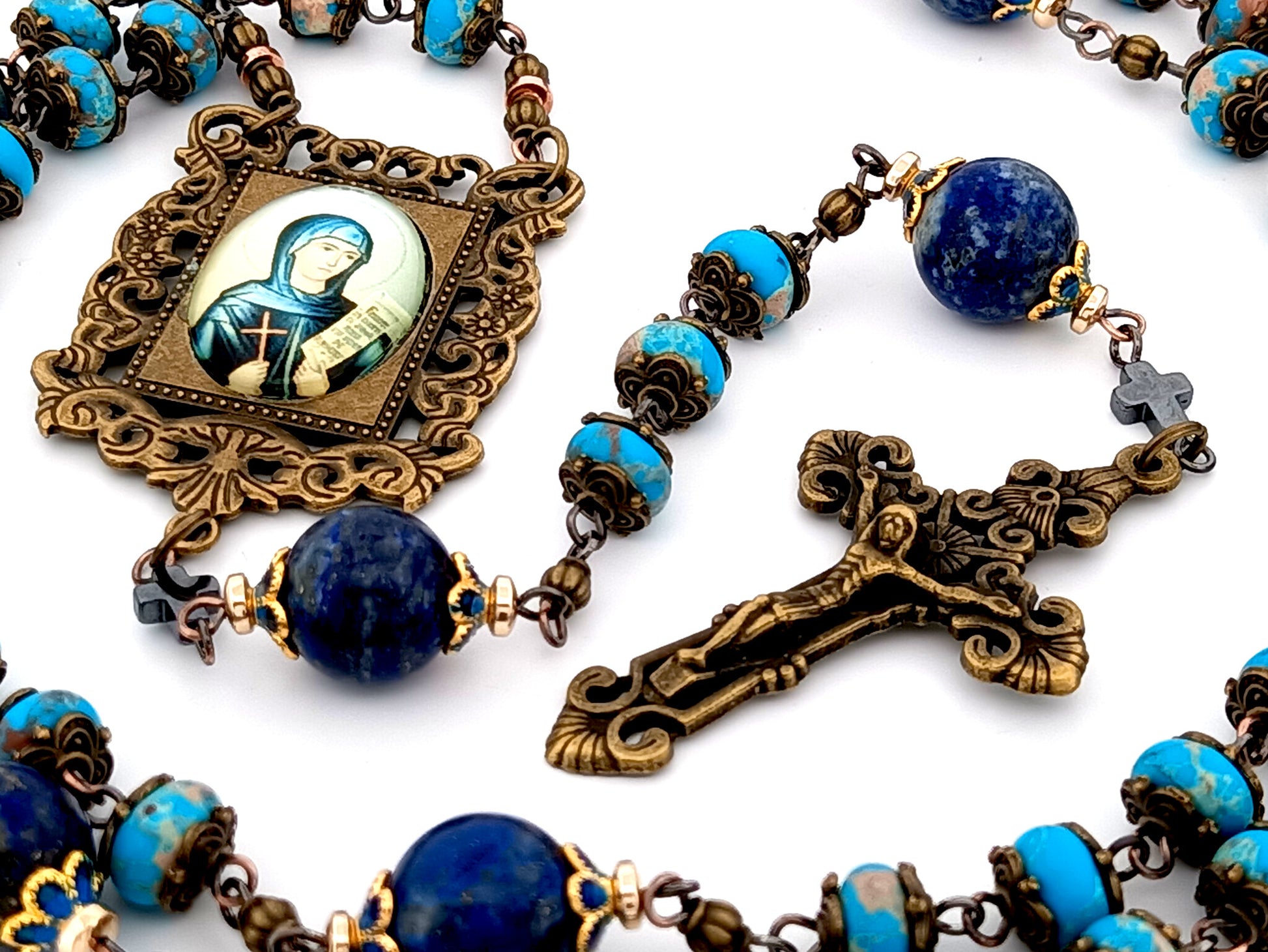 Saint Monica unique rosary beads blue jasper and lapis lazuli gemstone rosary beads with bronze filigree crucifix.