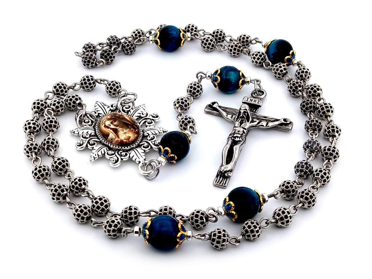 Immaculate Heart of Mary unique rosary beads cubic zirconia and tigers eye gemstone rosary beads with stainless steel crucifix.