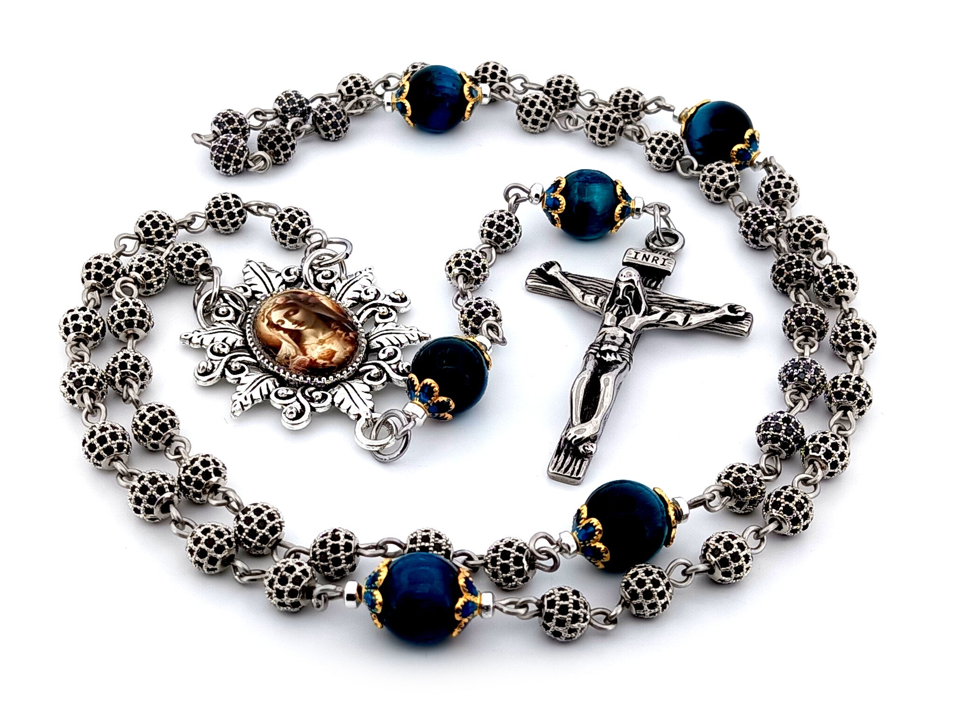 Immaculate Heart of Mary unique rosary beads cubic zirconia and tigers eye gemstone rosary beads with stainless steel crucifix.