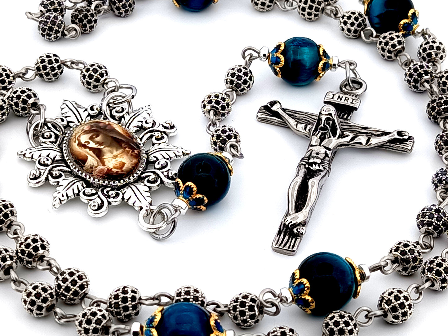 Immaculate Heart of Mary unique rosary beads cubic zirconia and tigers eye gemstone rosary beads with stainless steel crucifix.